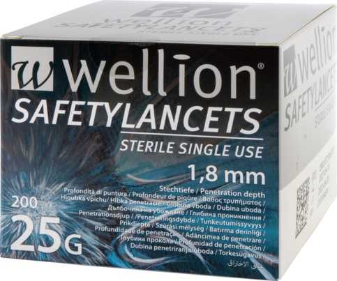 Sie sehen eine Packung Wellion Safetylancets 25G, 200 Stück, Produktbild: 01 Wellion Safetylancets 25G, 200 Stück, A-Nr.: 4617602 - 01