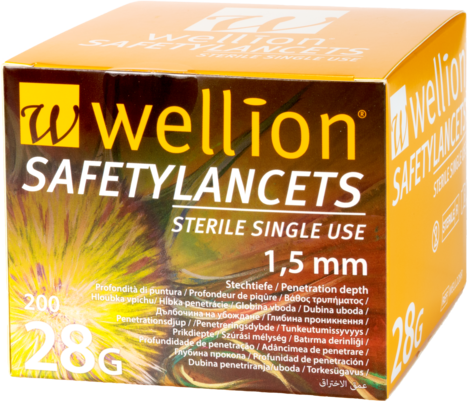 Sie sehen eine Packung Wellion SafetyLancets 28G, Produktbild: 01 Wellion SafetyLancets 28G, A-Nr.: 4041094 - 01