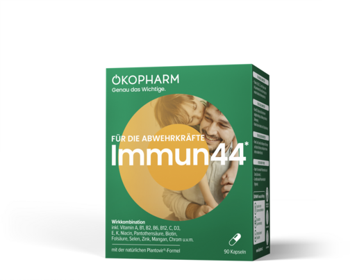 Sie sehen eine Packung Ökopharm® Wirkkombination für die Abwehrkräfte Immun44® Kapseln 90ST, Produktbild: 01 Ökopharm® Wirkkombination für die Abwehrkräfte Immun44® Kapseln 90ST, A-Nr.: 4865719 - 01