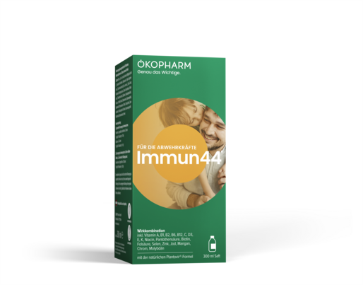 Sie sehen eine Packung Ökopharm® Wirkkombination für die Abwehrkräfte Immun44® Saft 300mL, Produktbild: 01 Ökopharm® Wirkkombination für die Abwehrkräfte Immun44® Saft 300mL, A-Nr.: 3245185 - 01