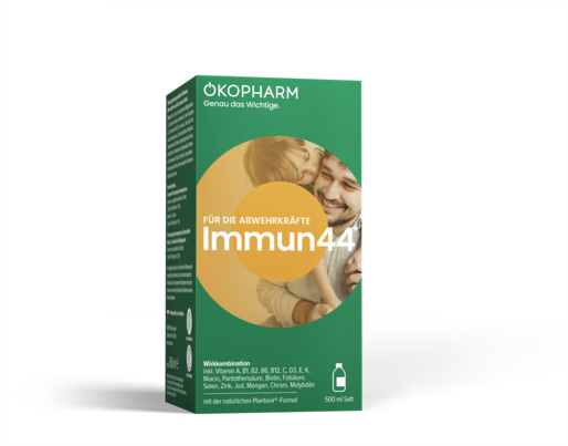 Sie sehen eine Packung Ökopharm® Wirkkombination für die Abwehrkräfte Immun44® Saft 500mL, Produktbild: 01 Ökopharm® Wirkkombination für die Abwehrkräfte Immun44® Saft 500mL, A-Nr.: 4865725 - 01
