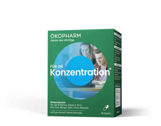 Sie sehen eine Packung Ökopharm® Wirkkombination für die Konzentration Kapseln 90ST, Produktbild: 01 Ökopharm® Wirkkombination für die Konzentration Kapseln 90ST, A-Nr.: 3082116 - 01