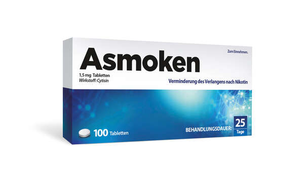 Sie sehen eine Packung ASMOKEN 1,5mg Tabletten 100 Stück, Produktbild: 01 ASMOKEN 1,5mg Tabletten 100 Stück, A-Nr.: 5532658 - 01