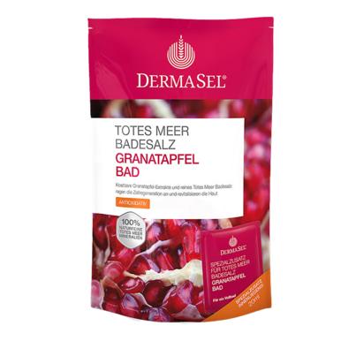 Sie sehen eine Packung DermaSel® Totes Meer Badesalz Granatapfel, Produktbild: 01 DermaSel® Totes Meer Badesalz Granatapfel, A-Nr.: 5565014 - 01