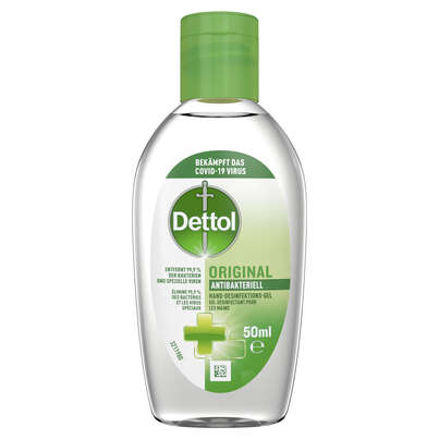 Sie sehen eine Packung Dettol Antibakteriell Hand-Desinfektions-Gel 50 ml, Produktbild: 01 Dettol Antibakteriell Hand-Desinfektions-Gel 50 ml, A-Nr.: 3382545 - 01