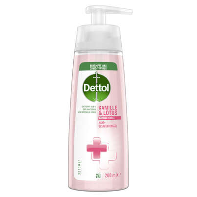 Sie sehen eine Packung Dettol Antibakteriell Hand-Desinfektionsgel Kamillie & Lotus 200 ml, Produktbild: 01 Dettol Antibakteriell Hand-Desinfektionsgel Kamillie & Lotus 200 ml, A-Nr.: 5381544 - 01
