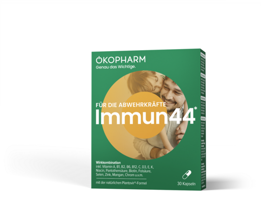 Sie sehen eine Packung Ökopharm® Wirkkombination für die Abwehrkräfte Immun44® Kapseln 30 Stk., Produktbild: 01 Ökopharm® Wirkkombination für die Abwehrkräfte Immun44® Kapseln 30 Stk., A-Nr.: 5879480 - 01