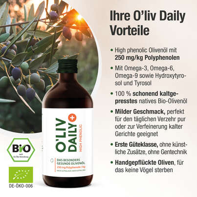 Sie sehen eine Packung Das gesündere Bio-Olivenöl – hoher Polyphenol-Gehalt 250 mg/kg –500 ml, Produktbild: 03 Das gesündere Bio-Olivenöl – hoher Polyphenol-Gehalt 250 mg/kg –500 ml, A-Nr.: 5895792 - 03