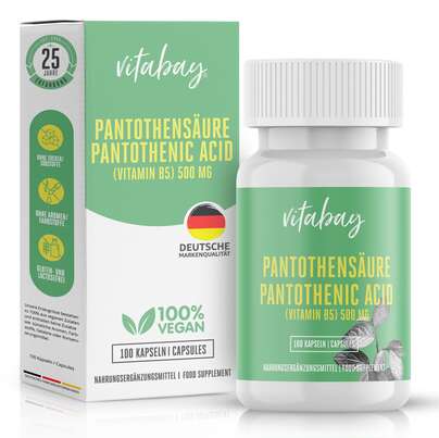 Sie sehen eine Packung Vitabay Pantothensäure (Vitamin B5) 500 mg Kapseln, Produktbild: 01 Vitabay Pantothensäure (Vitamin B5) 500 mg Kapseln, A-Nr.: 5878776 - 01