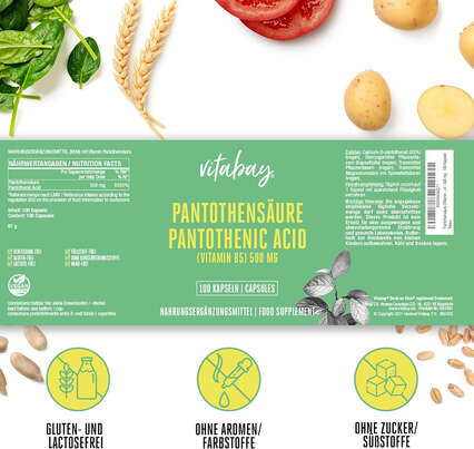 Sie sehen eine Packung Vitabay Pantothensäure (Vitamin B5) 500 mg Kapseln, Produktbild: 05 Vitabay Pantothensäure (Vitamin B5) 500 mg Kapseln, A-Nr.: 5878776 - 05