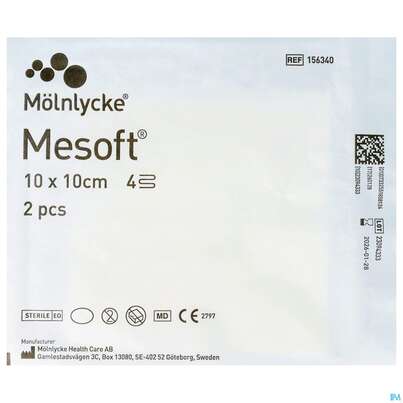 Sie sehen eine Packung Vlieskompressen Mesoft/set Steril 10x 10cm 2st, Produktbild: 01 Vlieskompressen Mesoft/set Steril 10x 10cm 2st, A-Nr.: 1652325 - 01