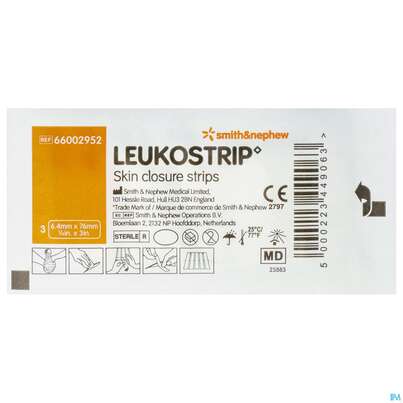 Sie sehen eine Packung Wundnahtstreifen Leukostrip 6,4x 76mm 1 Briefchen Zu 3 Streifennr 29 1pk, Produktbild: 01 Wundnahtstreifen Leukostrip 6,4x 76mm 1 Briefchen Zu 3 Streifennr 29 1pk, A-Nr.: 1079541 - 01