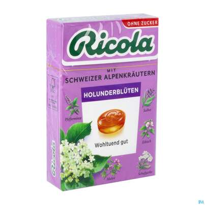 Sie sehen eine Packung Ricola Zuckerfrei Holunderblueten Box 50g, Produktbild: 02 Ricola Zuckerfrei Holunderblueten Box 50g, A-Nr.: 5627502 - 02