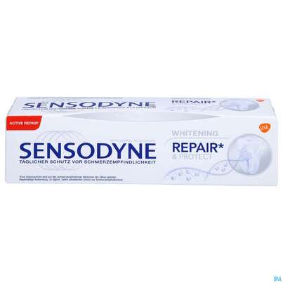 Sie sehen eine Packung Zahnpaste Sensodyne Repair +protect Whitening 75ml, Produktbild: 01 Zahnpaste Sensodyne Repair +protect Whitening 75ml, A-Nr.: 4326454 - 01