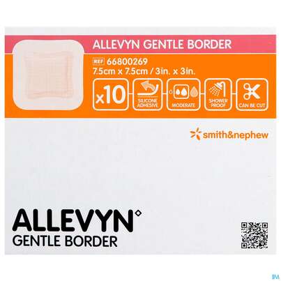 Sie sehen eine Packung Wundauflagen Allevyn Gentle Border Haftend +silikonkleber 7,5x 7,5cm -smith 10st, Produktbild: 01 Wundauflagen Allevyn Gentle Border Haftend +silikonkleber 7,5x 7,5cm -smith 10st, A-Nr.: 3748070 - 01