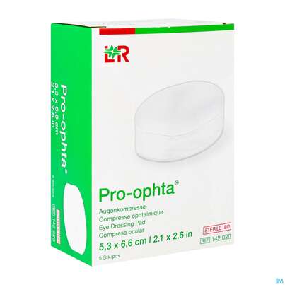 Sie sehen eine Packung Augenkompressen Pro-ophta Steril 5,3x 6,6cm 5st, Produktbild: 02 Augenkompressen Pro-ophta Steril 5,3x 6,6cm 5st, A-Nr.: 5460226 - 02