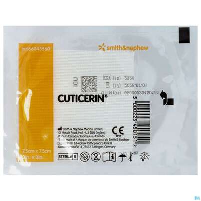 Sie sehen eine Packung Wundverband Cuticerin Salbengaze Neutral Steril 7,5x 7,5cm Nr 45560 1st, Produktbild: 01 Wundverband Cuticerin Salbengaze Neutral Steril 7,5x 7,5cm Nr 45560 1st, A-Nr.: 1165074 - 01