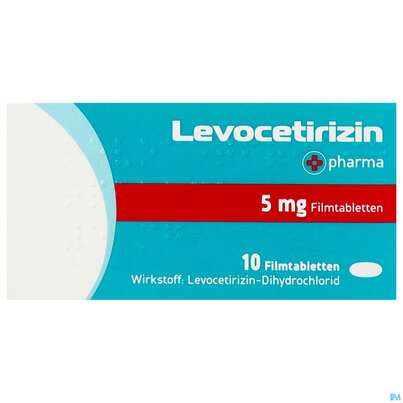 Sie sehen eine Packung Levocetirizin-+pharma Filmtabl 5mg 10st, Produktbild: 01 Levocetirizin-+pharma Filmtabl 5mg 10st, A-Nr.: 4475823 - 01