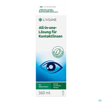 Sie sehen eine Packung Kontaktlinsen-pflegemittel Livsane All-in-one-lösung 360ml, Produktbild: 01 Kontaktlinsen-pflegemittel Livsane All-in-one-lösung 360ml, A-Nr.: 5706207 - 01