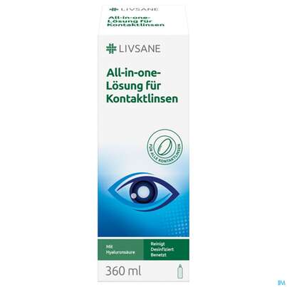 Sie sehen eine Packung Kontaktlinsen-pflegemittel Livsane All-in-one-lösung 360ml, Produktbild: 02 Kontaktlinsen-pflegemittel Livsane All-in-one-lösung 360ml, A-Nr.: 5706207 - 02