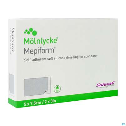 Sie sehen eine Packung Wundverband Mepiform Silikonverband Selbsthaftend 5x 7,5cm 5st, Produktbild: 02 Wundverband Mepiform Silikonverband Selbsthaftend 5x 7,5cm 5st, A-Nr.: 2211787 - 02