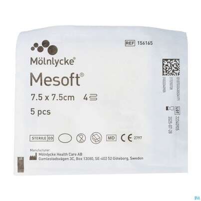 Sie sehen eine Packung Vlieskompressen Mesoft/set Steril 7,5x 7,5cm 5st, Produktbild: 02 Vlieskompressen Mesoft/set Steril 7,5x 7,5cm 5st, A-Nr.: 1652294 - 02