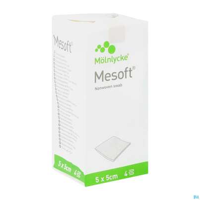 Sie sehen eine Packung Vlieskompressen Mesoft Unsteril 5x 5cm 100st, Produktbild: 02 Vlieskompressen Mesoft Unsteril 5x 5cm 100st, A-Nr.: 1652199 - 02
