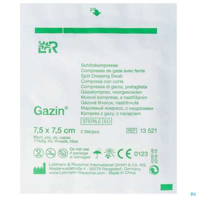 Sie sehen eine Packung Schlitzkompressen Gazin 17faedig Steril 8fach 7,5x 7,5cm 2st, Produktbild: 01 Schlitzkompressen Gazin 17faedig Steril 8fach 7,5x 7,5cm 2st, A-Nr.: 2575236 - 01