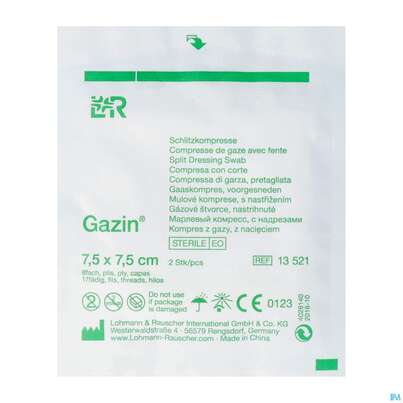 Sie sehen eine Packung Schlitzkompressen Gazin 17faedig Steril 8fach 7,5x 7,5cm 2st, Produktbild: 02 Schlitzkompressen Gazin 17faedig Steril 8fach 7,5x 7,5cm 2st, A-Nr.: 2575236 - 02