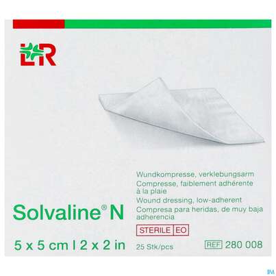 Sie sehen eine Packung Solvaline N-kompresse Steril 5x 5cm Neu 25st, Produktbild: 01 Solvaline N-kompresse Steril 5x 5cm Neu 25st, A-Nr.: 4113563 - 01