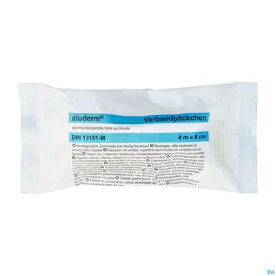 Sie sehen eine Packung Verbandpaeckchen Aluderm Steril Din13151 Mittel 1st, Produktbild: 02 Verbandpaeckchen Aluderm Steril Din13151 Mittel 1st, A-Nr.: 0910417 - 02