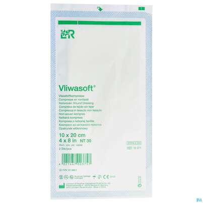 Sie sehen eine Packung Vlieskompressen Vliwasoft 4fach Steril 10x 20cm 2st, Produktbild: 01 Vlieskompressen Vliwasoft 4fach Steril 10x 20cm 2st, A-Nr.: 1016960 - 01