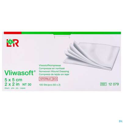 Sie sehen eine Packung Vlieskompressen Vliwasoft 6fach Steril 5x 5cm 2st, Produktbild: 01 Vlieskompressen Vliwasoft 6fach Steril 5x 5cm 2st, A-Nr.: 1372703 - 01