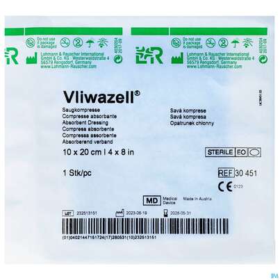 Sie sehen eine Packung Vliwazell Saugkompresse Steril 10x 20cm 1st, Produktbild: 01 Vliwazell Saugkompresse Steril 10x 20cm 1st, A-Nr.: 0477334 - 01