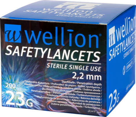 Sie sehen eine Packung Wellion SafetyLancets 23G, 200 Stk., Produktbild: 01 Wellion SafetyLancets 23G, 200 Stk., A-Nr.: 4041119 - 01
