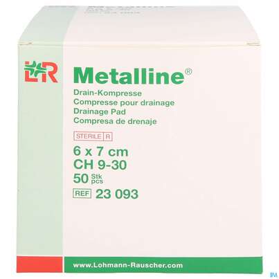 Sie sehen eine Packung Metalline-lohmann Drain-kompresse Entkeimt 6x 7cm 50st, Produktbild: 01 Metalline-lohmann Drain-kompresse Entkeimt 6x 7cm 50st, A-Nr.: 0644370 - 01