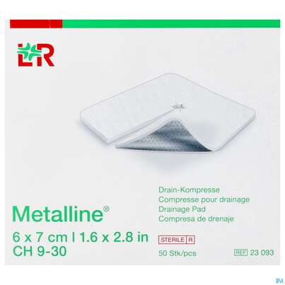 Sie sehen eine Packung Metalline-lohmann Drain-kompresse Entkeimt 6x 7cm 50st, Produktbild: 02 Metalline-lohmann Drain-kompresse Entkeimt 6x 7cm 50st, A-Nr.: 0644370 - 02