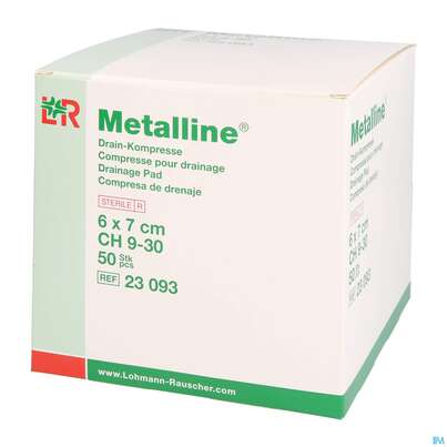 Sie sehen eine Packung Metalline-lohmann Drain-kompresse Entkeimt 6x 7cm 50st, Produktbild: 04 Metalline-lohmann Drain-kompresse Entkeimt 6x 7cm 50st, A-Nr.: 0644370 - 04