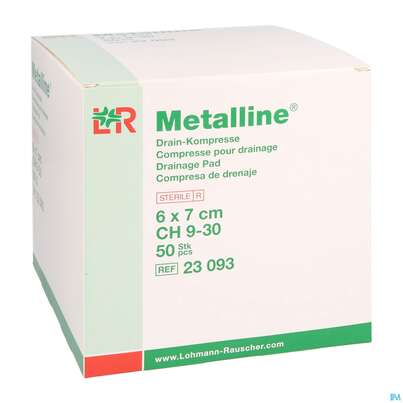 Sie sehen eine Packung Metalline-lohmann Drain-kompresse Entkeimt 6x 7cm 50st, Produktbild: 05 Metalline-lohmann Drain-kompresse Entkeimt 6x 7cm 50st, A-Nr.: 0644370 - 05