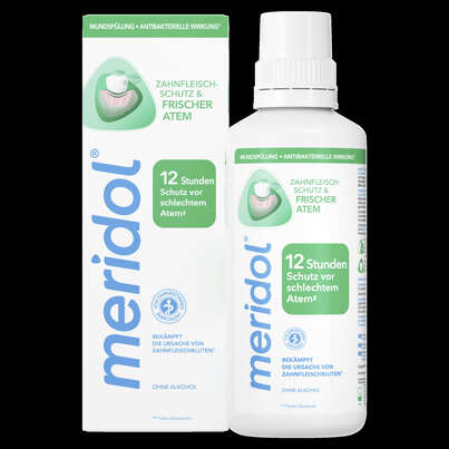 Sie sehen eine Packung meridol® Frischer Atem Mundspülung 400ml, Produktbild: 01 meridol® Frischer Atem Mundspülung 400ml, A-Nr.: 3444542 - 01