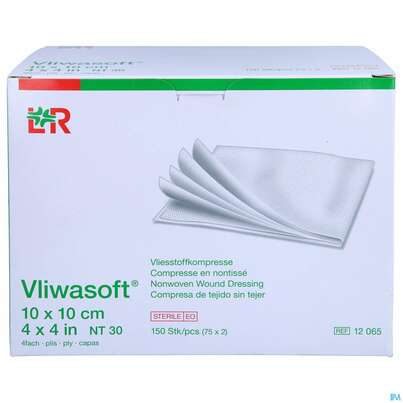 Sie sehen eine Packung Vlieskompressen Vliwasoft 4fach Steril 10x 10cm 150st, Produktbild: 01 Vlieskompressen Vliwasoft 4fach Steril 10x 10cm 150st, A-Nr.: 1647962 - 01