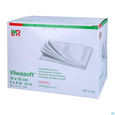 Sie sehen eine Packung Vlieskompressen Vliwasoft 4fach Steril 10x 10cm 150st, Produktbild: 02 Vlieskompressen Vliwasoft 4fach Steril 10x 10cm 150st, A-Nr.: 1647962 - 02