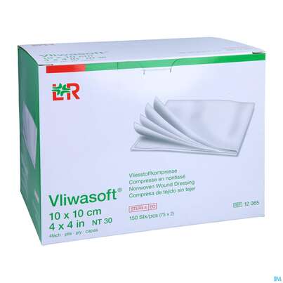 Sie sehen eine Packung Vlieskompressen Vliwasoft 4fach Steril 10x 10cm 150st, Produktbild: 03 Vlieskompressen Vliwasoft 4fach Steril 10x 10cm 150st, A-Nr.: 1647962 - 03