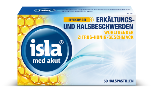 Sie sehen eine Packung isla med akut Zitrus-Honig Halspastillen 50 Stück, Produktbild: 01 isla med akut Zitrus-Honig Halspastillen 50 Stück, A-Nr.: 5817705 - 01