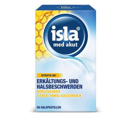 Sie sehen eine Packung isla med akut Zitrus-Honig Halspastillen 50 Stück, Produktbild: 02 isla med akut Zitrus-Honig Halspastillen 50 Stück, A-Nr.: 5817705 - 02