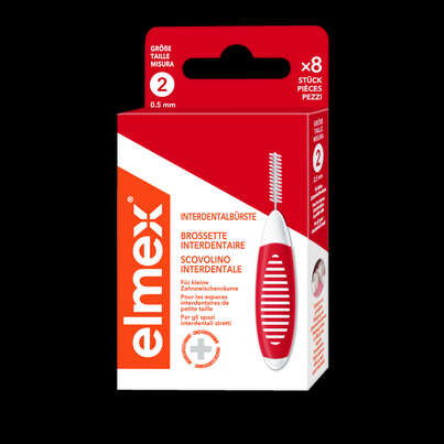 Sie sehen eine Packung elmex® Interdentalbürsten Rot Größe 2, Produktbild: 01 elmex® Interdentalbürsten Rot Größe 2, A-Nr.: 5429280 - 01