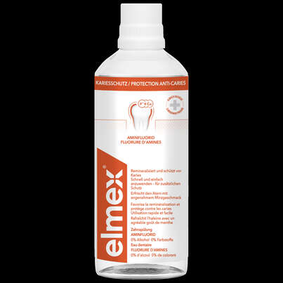 Sie sehen eine Packung elmex® Kariesschutz Zahnspülung 400ml, Produktbild: 01 elmex® Kariesschutz Zahnspülung 400ml, A-Nr.: 1552693 - 01