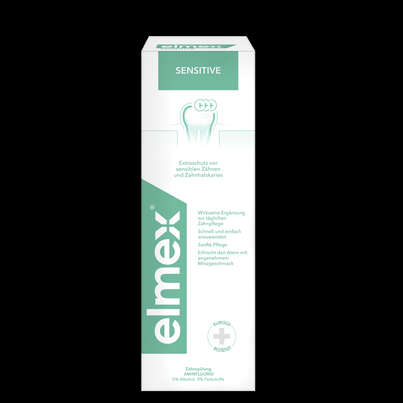Sie sehen eine Packung elmex® Sensitive Zahnspülung 100ml, Produktbild: 01 elmex® Sensitive Zahnspülung 100ml, A-Nr.: 5819236 - 01