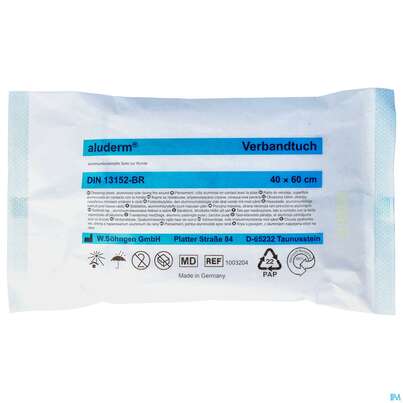 Sie sehen eine Packung Verbandtuecher Aluderm Einzeln Steril 40x 60cm 1st, Produktbild: 01 Verbandtuecher Aluderm Einzeln Steril 40x 60cm 1st, A-Nr.: 0910452 - 01