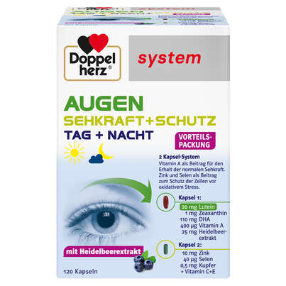 Sie sehen eine Packung Doppelherz system AUGEN SEHKRAFT + SCHUTZ - TAG + NACHT, Produktbild: 02 Doppelherz system AUGEN SEHKRAFT + SCHUTZ - TAG + NACHT, A-Nr.: 3448451 - 02